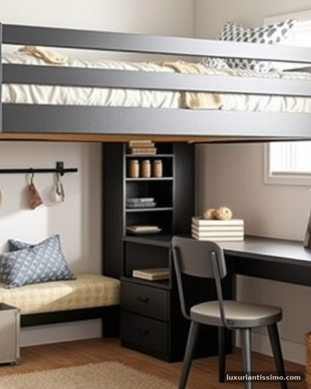 1. Charcoal Loft Bed with Integrated Desk